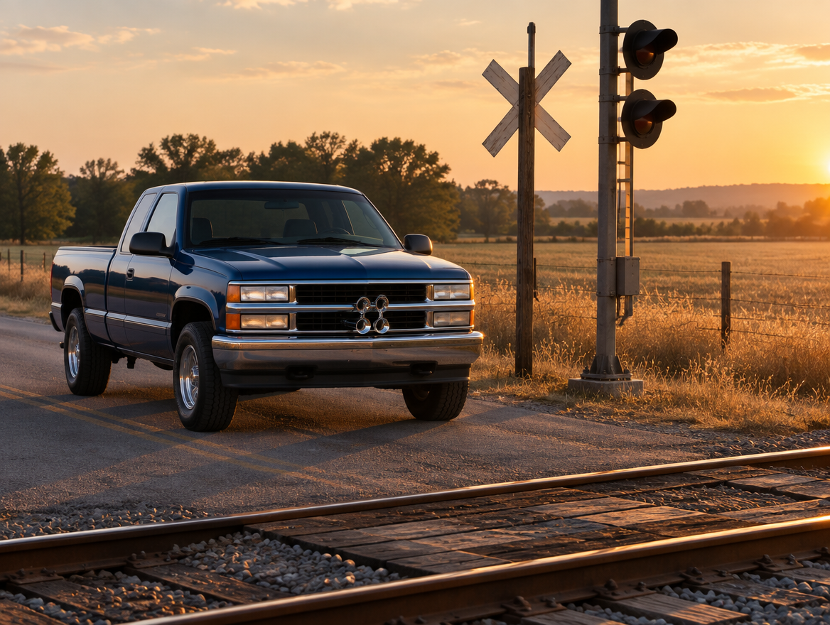 A pickup truck stopped at a rural railroad crossing at sunset, with chrome air horns behind its grille and a crossbuck nearby.
