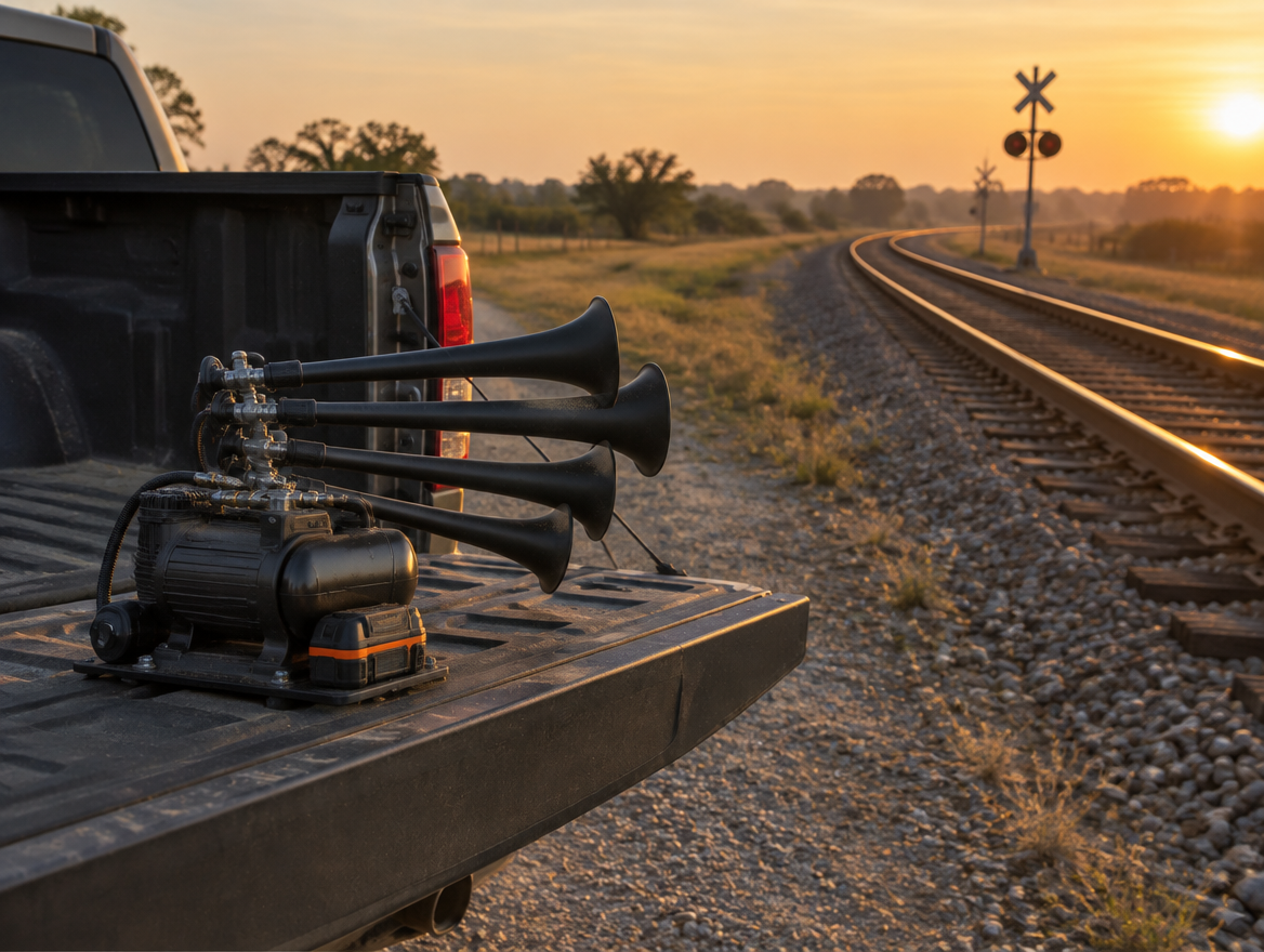 A four-trumpet air horn on a pickup tailgate beside a rural rail line at golden hour, with a crossbuck in the distance.