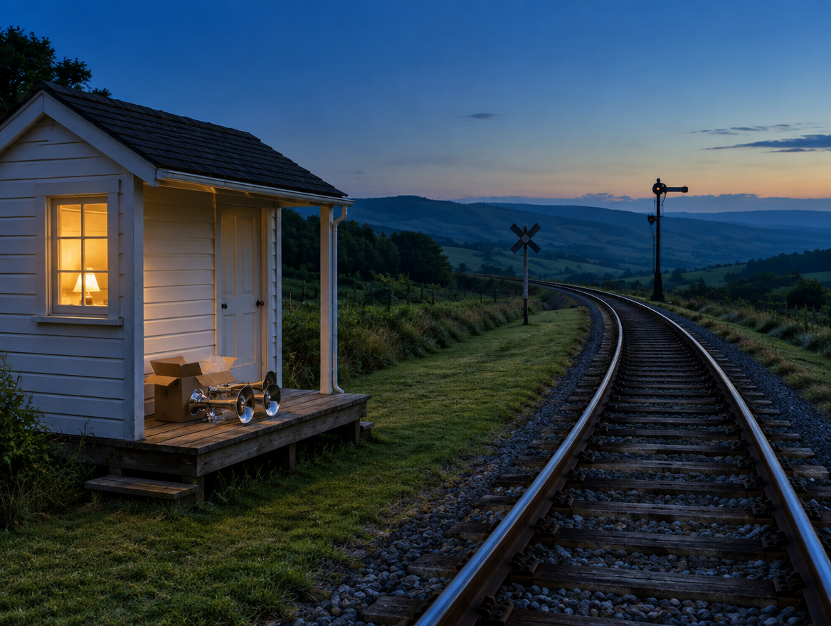 A lamp-lit trackside shed at blue hour beside a curving single-track line, with a chrome air horn set in an open box.