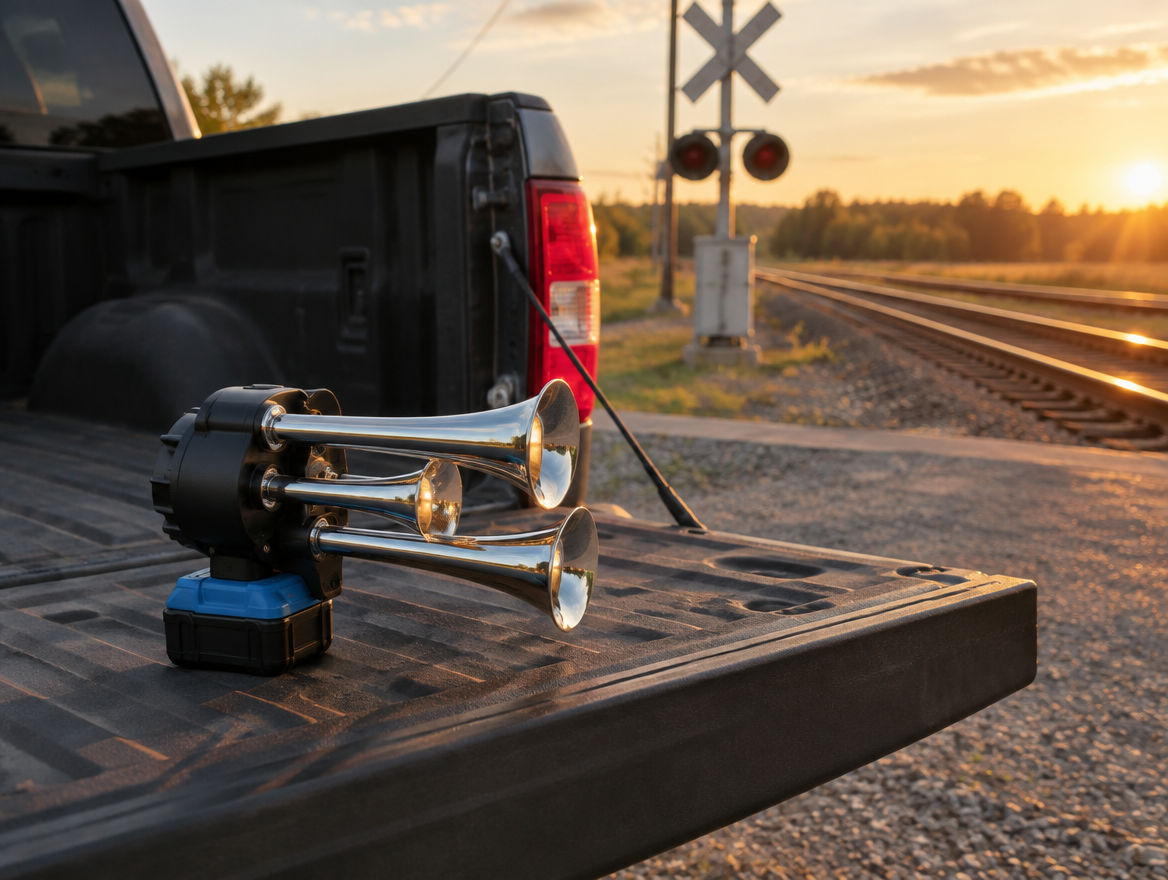 Battery train horn with chrome trumpets on a pickup tailgate beside a railroad crossing at golden hour.