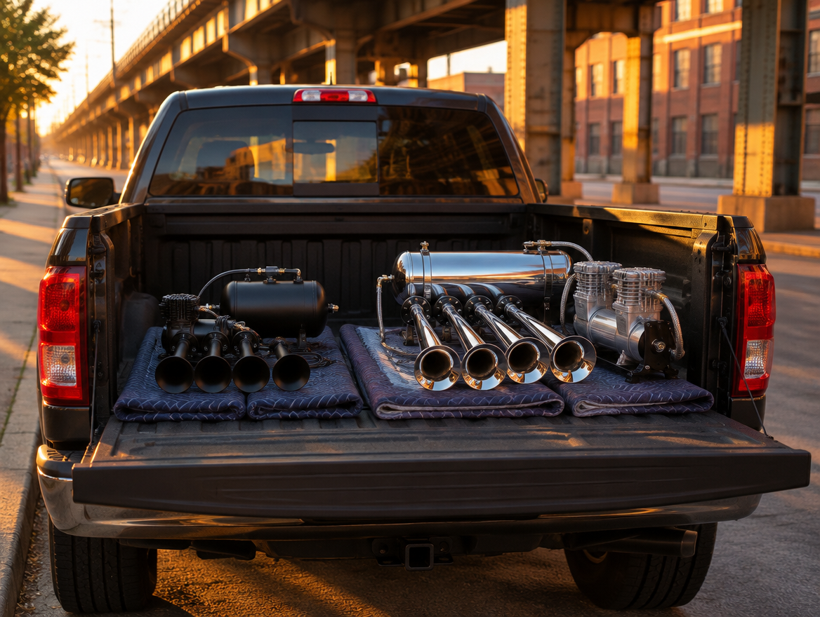 Two train horn kits, a small black set and a larger chrome set, on a pickup tailgate under an elevated rail viaduct at sunset.