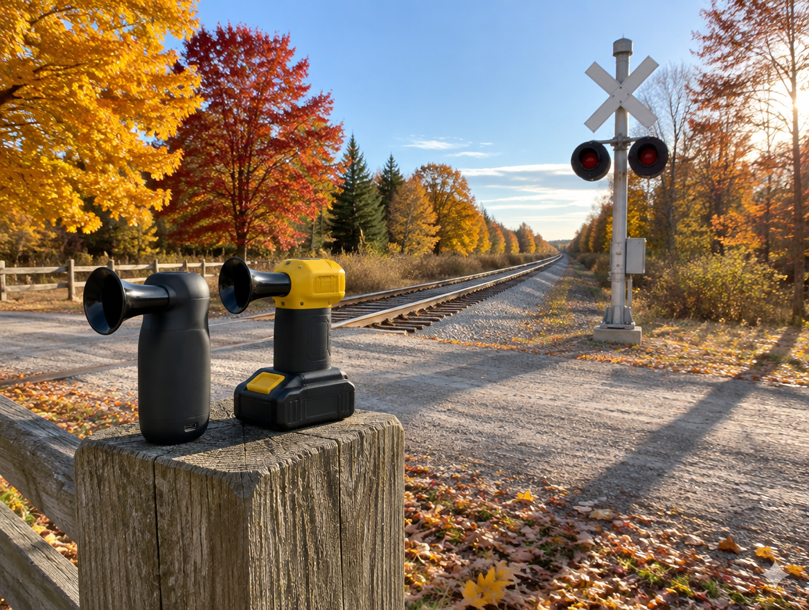Two compact air horns on a fence post by a rural railroad crossing, with a crossbuck and red and gold autumn trees.
