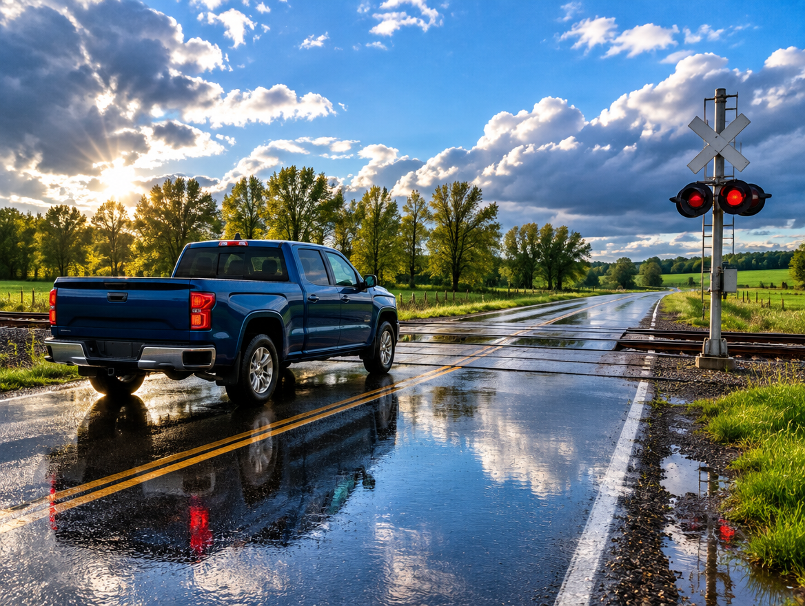 A pickup truck on a wet rural highway at a railroad crossing, after rain, with sun breaking through the clouds.