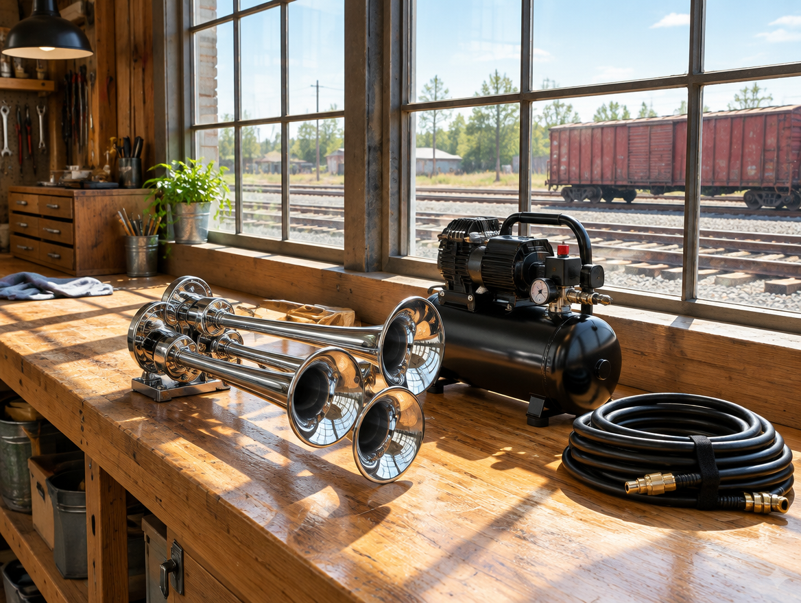 A sunlit workshop bench with a chrome train horn and compressor, rail yard and boxcar visible through big windows.