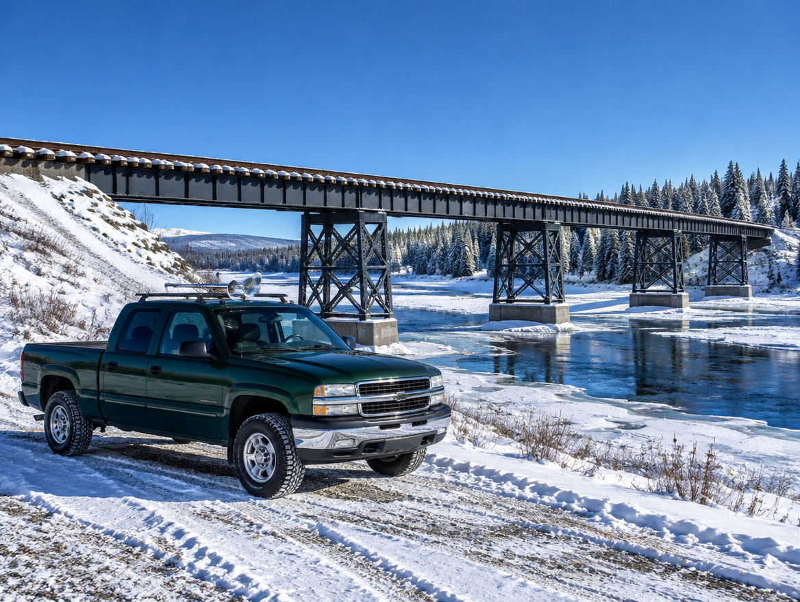 A pickup with chrome air horns on its roof rack parked in fresh snow beside a steel railroad trestle over a river