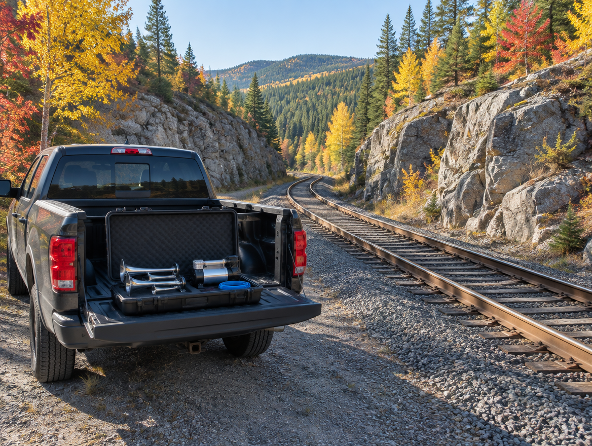 A portable train horn kit in an open case on a pickup tailgate beside a mountain railway cutting in autumn.