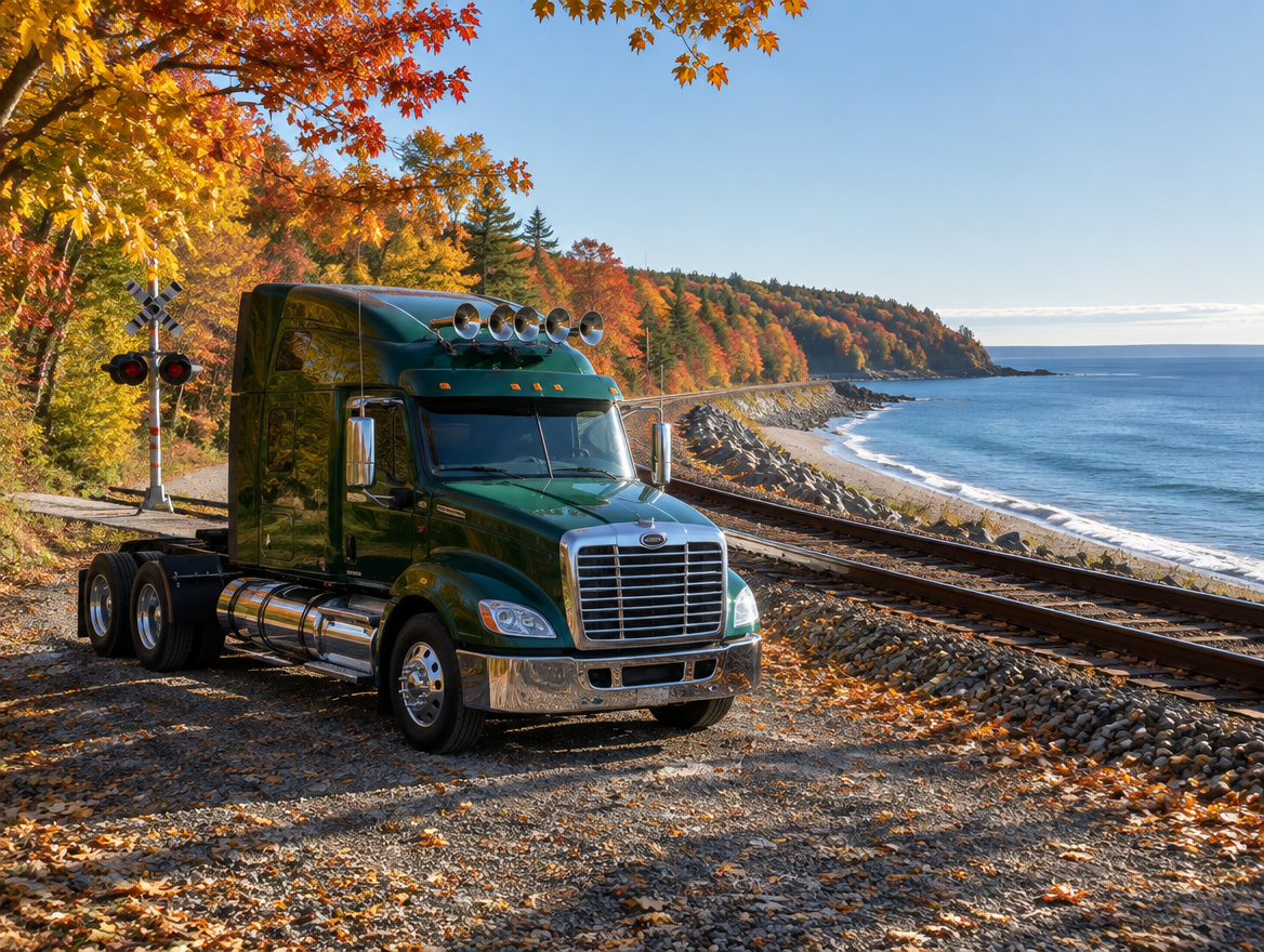 A green semi truck with chrome roof horns parked beside a coastal railway under autumn trees by the sea.