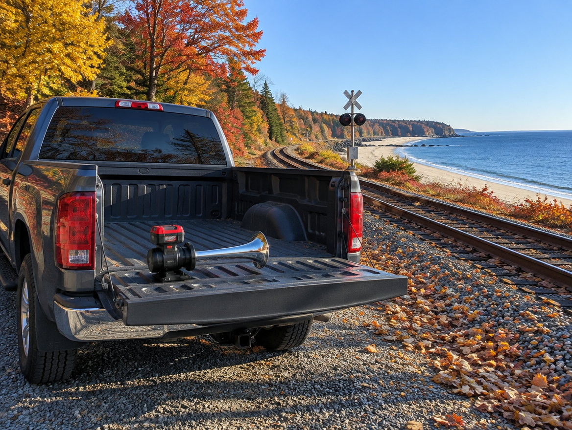 A cordless train horn with a red battery on a pickup tailgate beside a shoreline railway lined with autumn trees.
