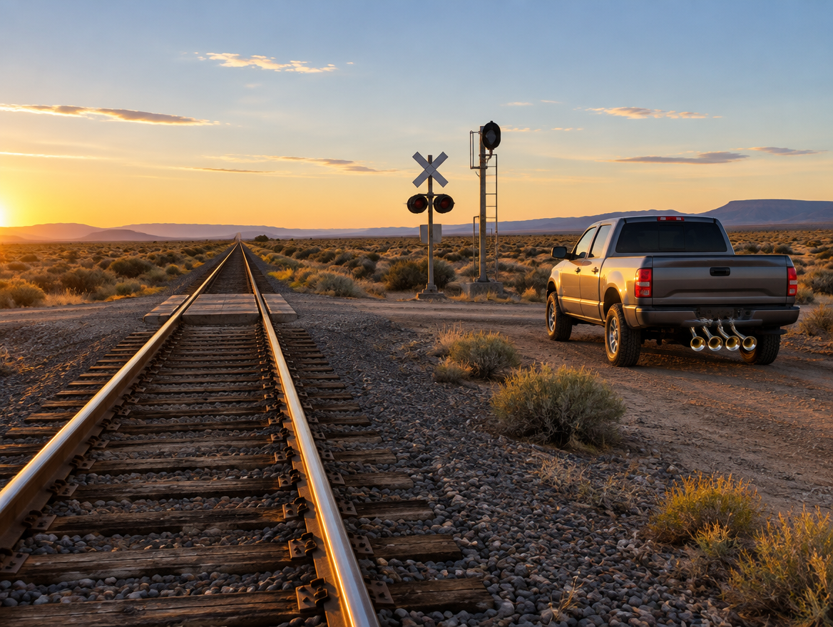Pickup truck with four chrome air horns parked by a desert railroad crossing at golden hour.