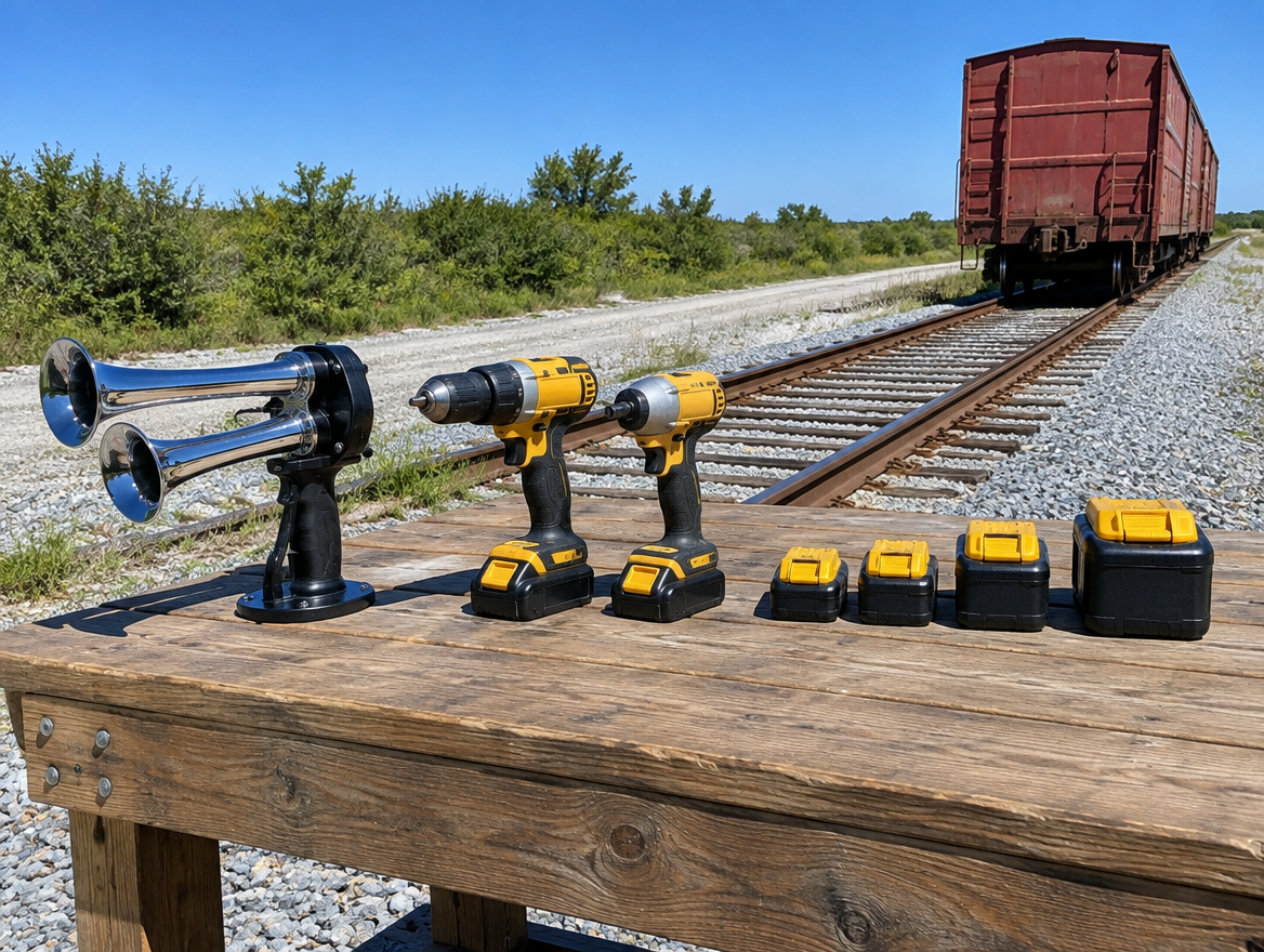 Train horn, drill, and yellow-and-black battery packs on a workbench next to rail tracks and a parked red boxcar.