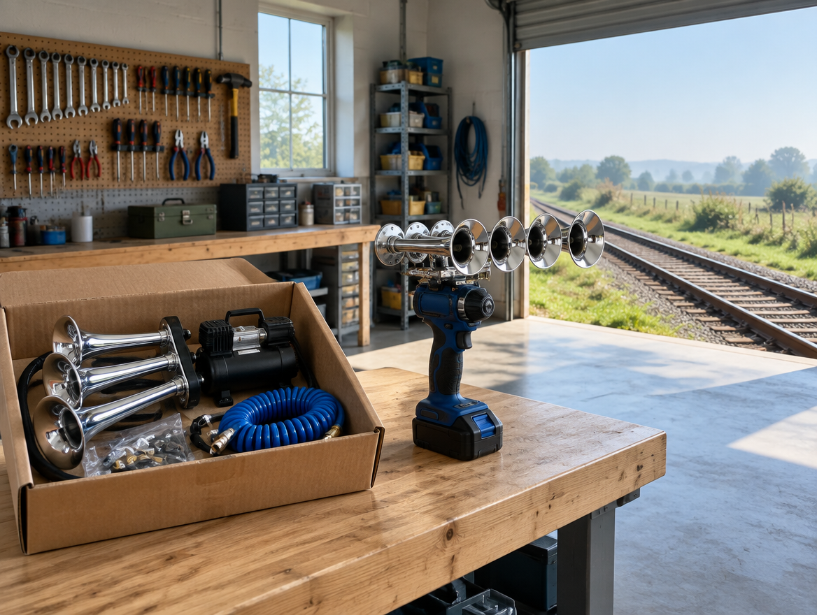 A workbench in an open railway workshop with a boxed air horn kit next to a finished handheld horn, rails outside.
