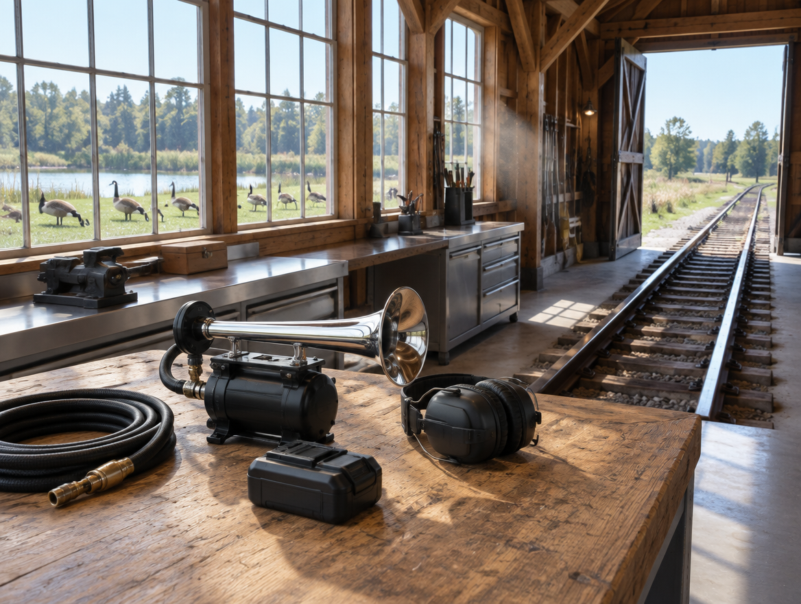 Sunlit railway workshop bench with a battery air horn, with track and grazing geese visible through big windows