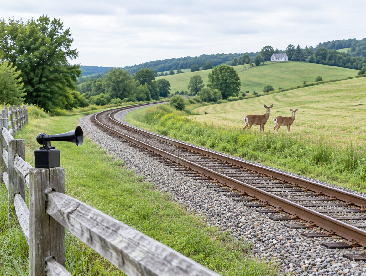 Two deer stand alert beside a single-track rail line curving through green hills, with a horn on a fence post nearby.