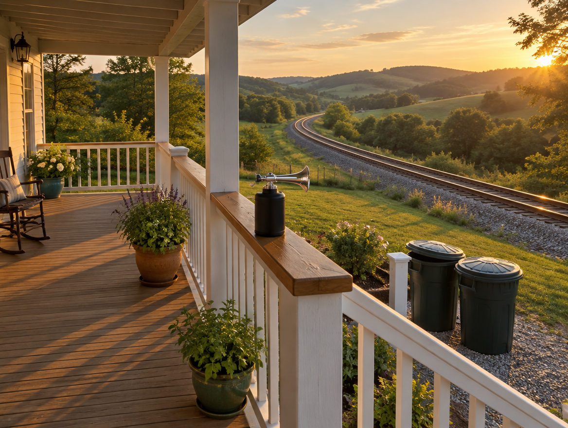 Farmhouse porch with a portable air horn on the railing, trash cans below, and a railway curving through green hills