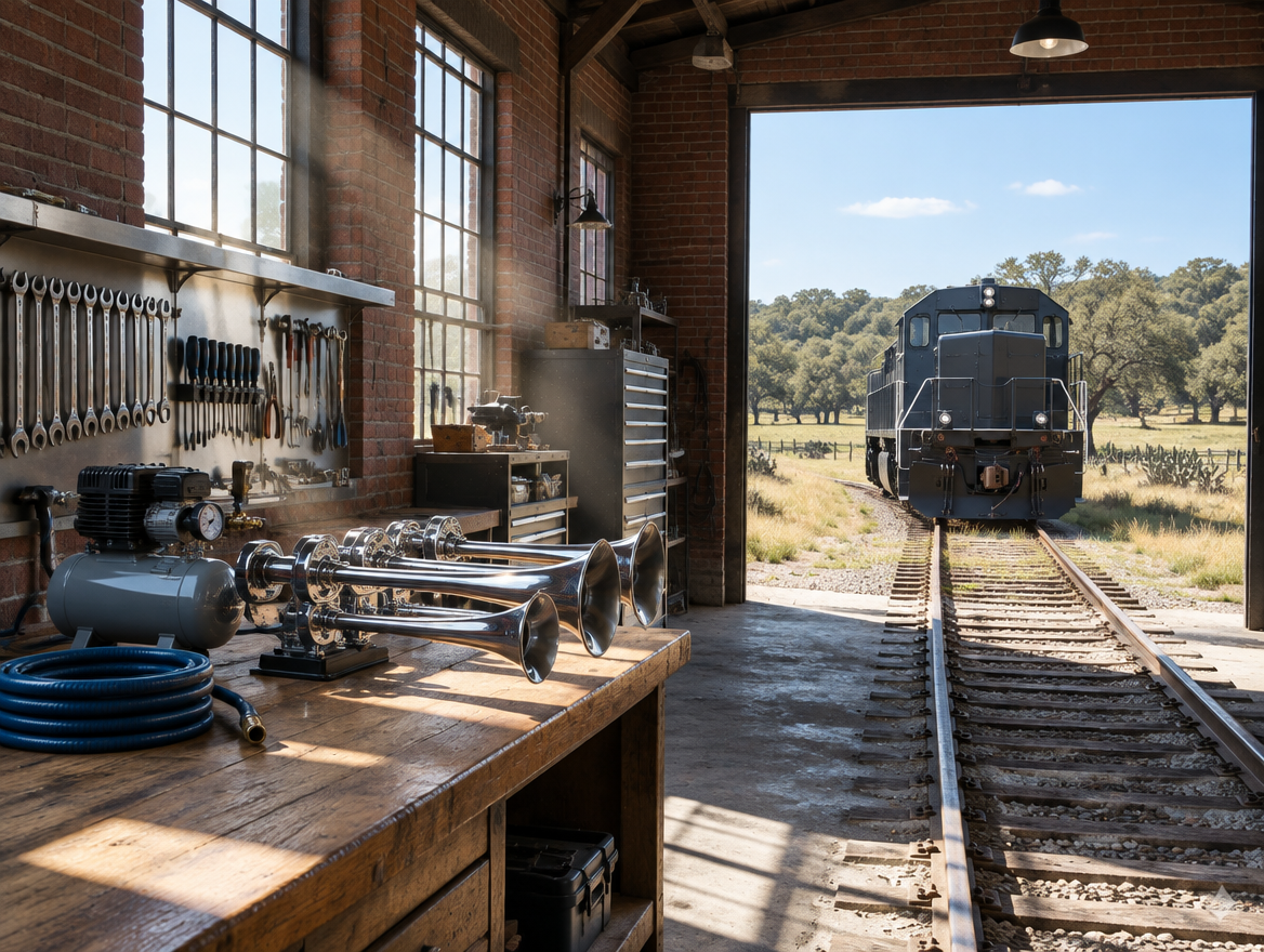 Sunlit brick engine shed with a chrome air horn on a workbench and a locomotive on the track outside near brushy pasture.