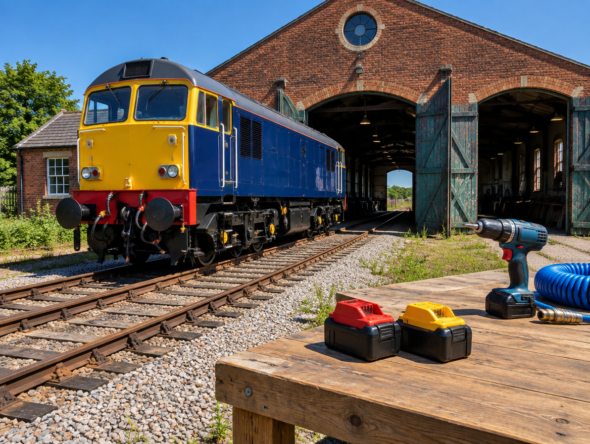 Brick engine shed with a locomotive on the tracks and red and yellow cordless tool batteries on a workbench in front.