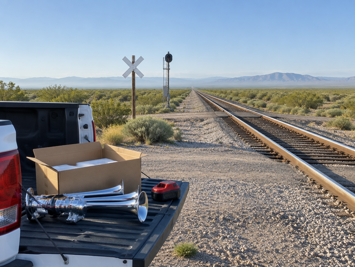 A train horn, open box and red battery pack on a pickup tailgate beside a desert railway crossing in morning light.