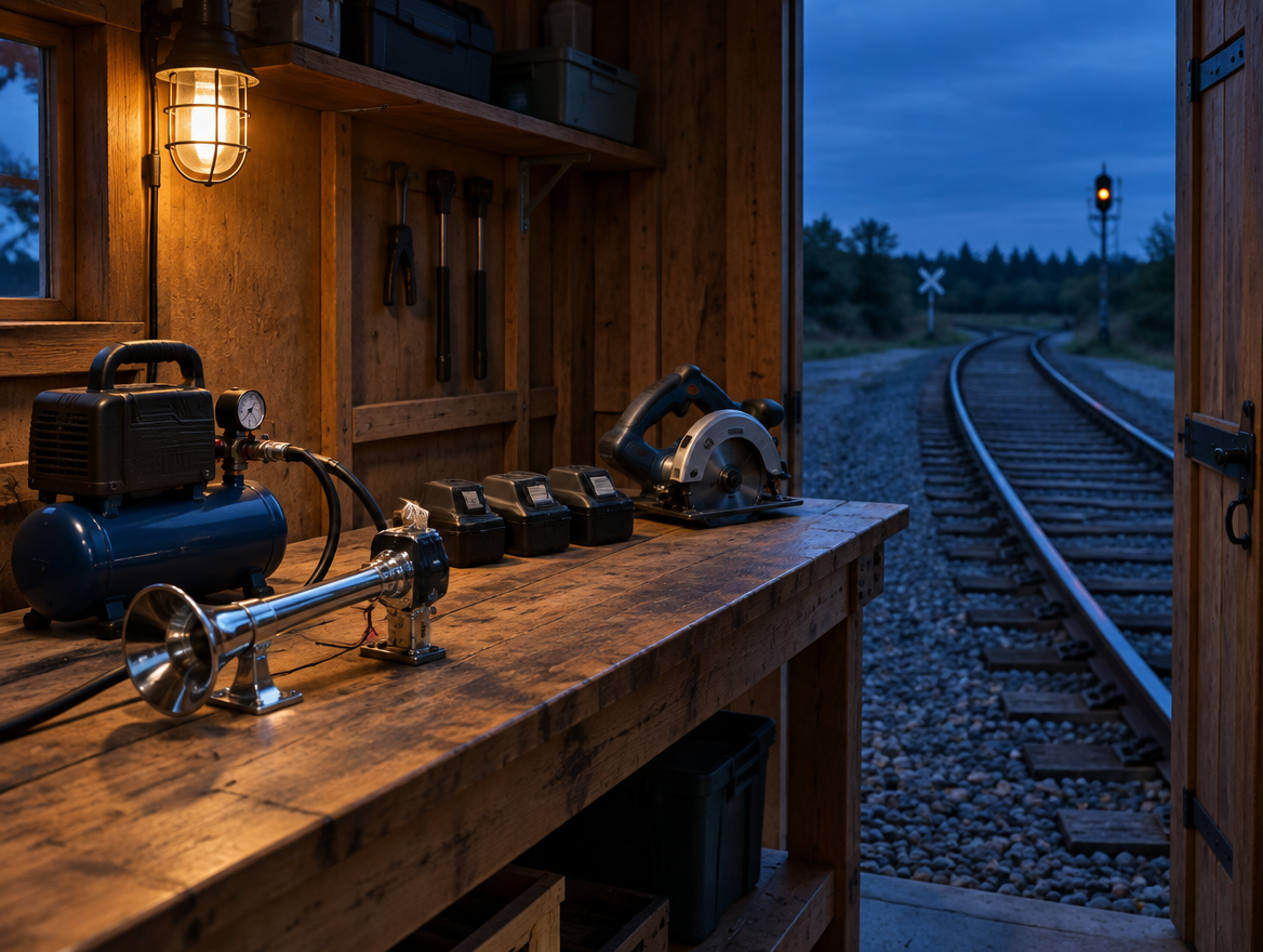 Train horn, compressor and cordless tool batteries on a shed workbench at dusk, with rail track and a signal outside.