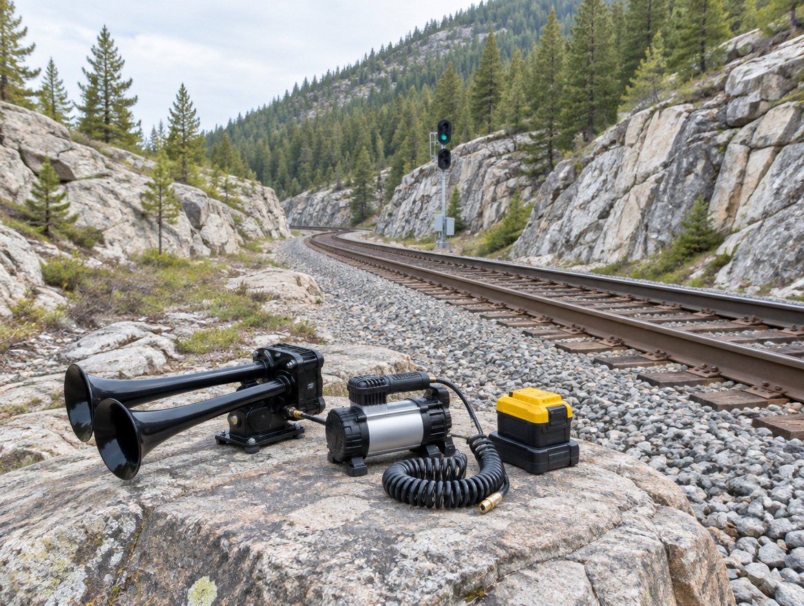 A train horn kit and yellow cordless battery rest on a boulder beside mountain railway tracks cut through rock and pines.