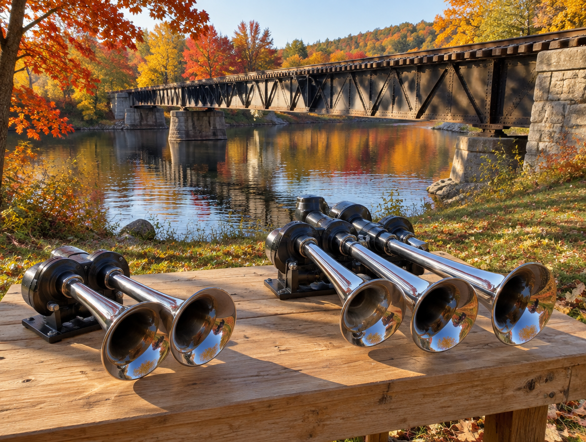 Dual and quad chrome train horns on a riverside bench below a steel trestle bridge on a bright autumn day.