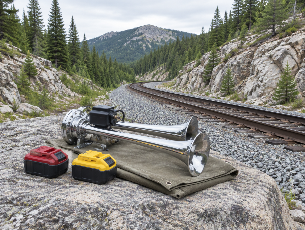 A chrome train horn and two cordless tool batteries on a boulder beside a mountain rail line with pines and rock cuttings.