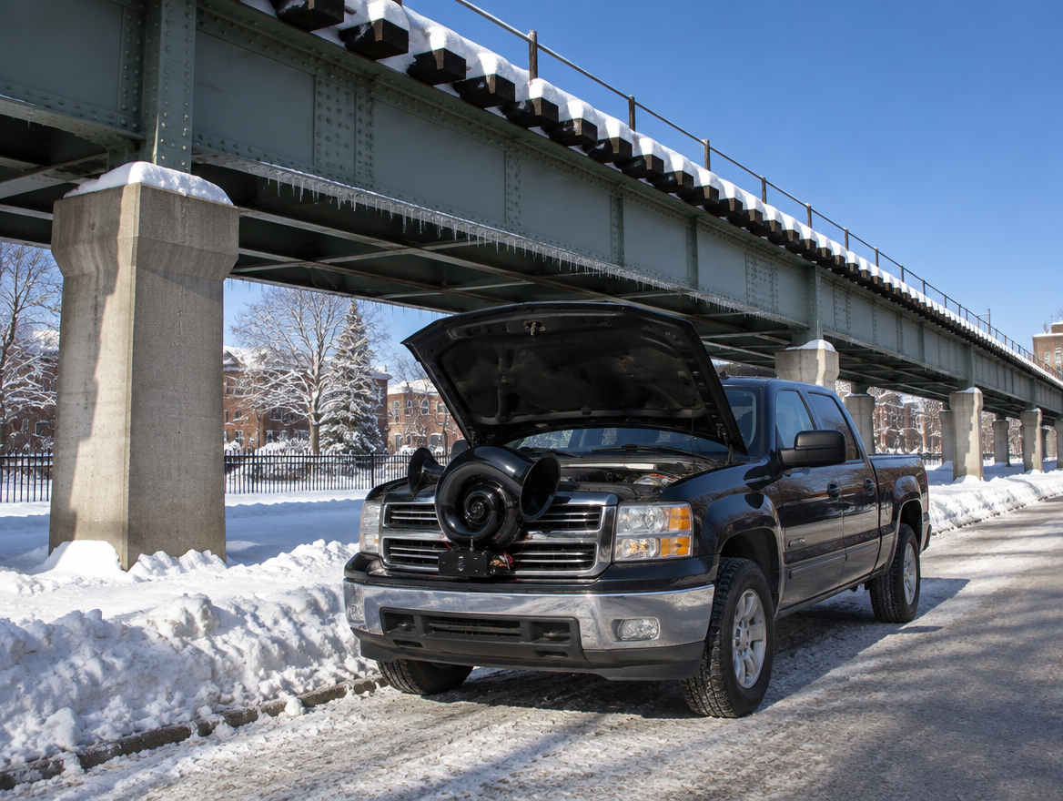 A pickup truck with its hood open and a snail-shell electric horn, parked on a snowy street under an elevated rail viaduct.