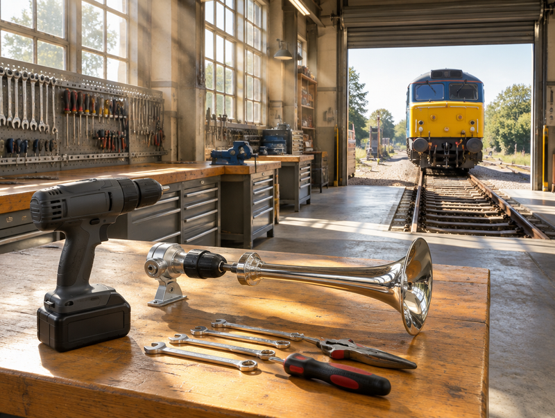 Sunlit railway workshop bench with a cordless drill and chrome horn attachment, roller door open to a locomotive on track.