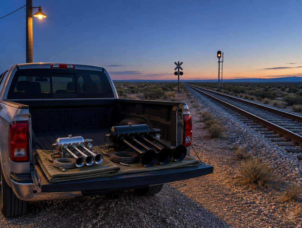 Two train horn kits on a pickup tailgate beside a desert rail line at blue hour, with a crossbuck and a signal mast nearby.