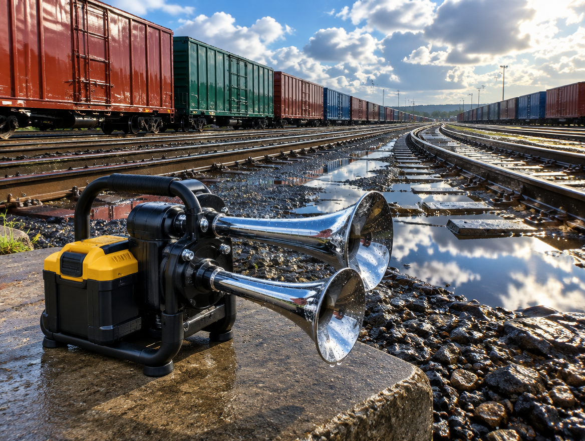 Portable battery train horn on a concrete pad beside wet freight yard tracks and boxcars under a clearing sky