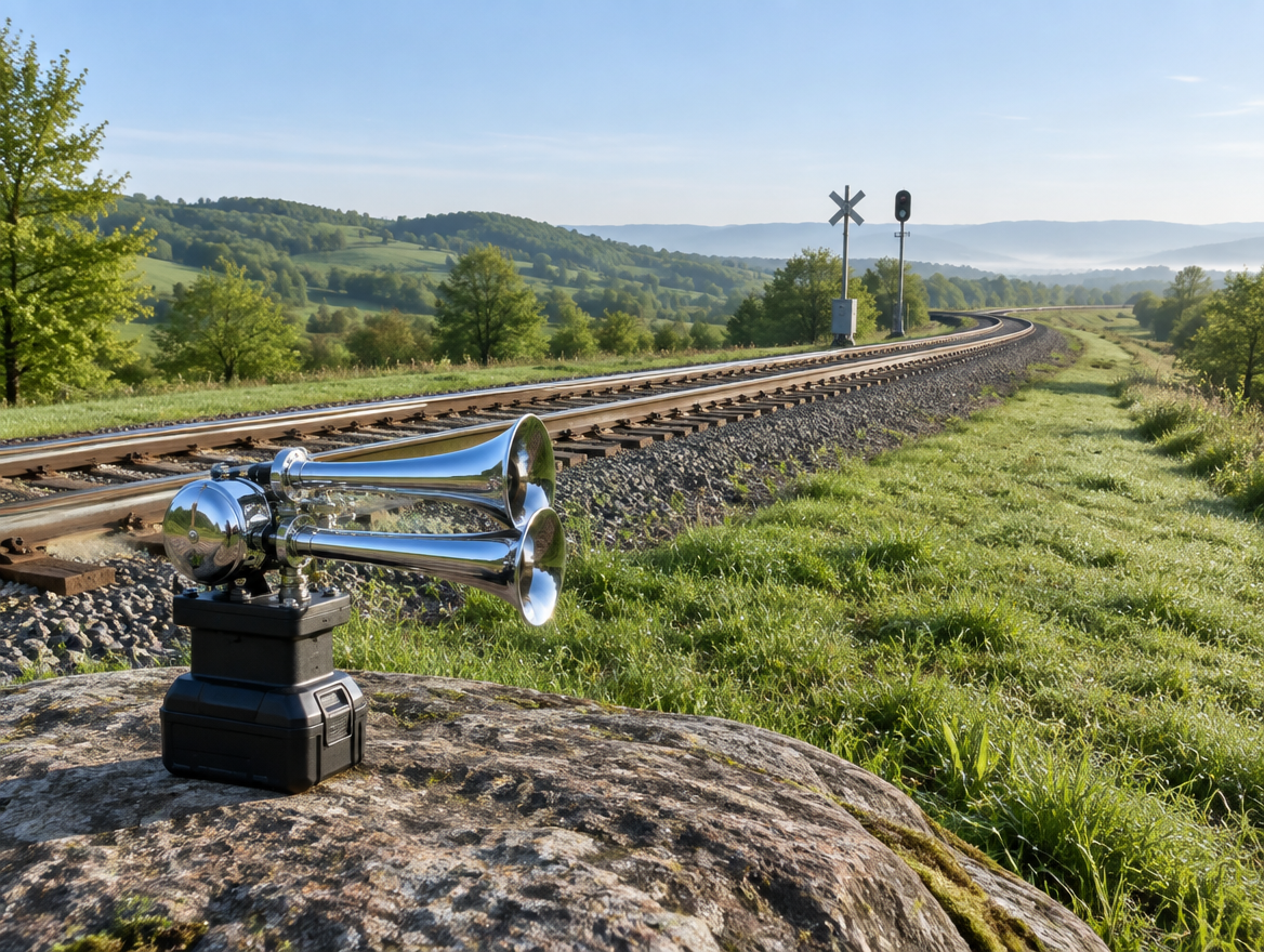 A chrome train horn with a cordless battery sits on a rock beside a single-track line curving through green hills.