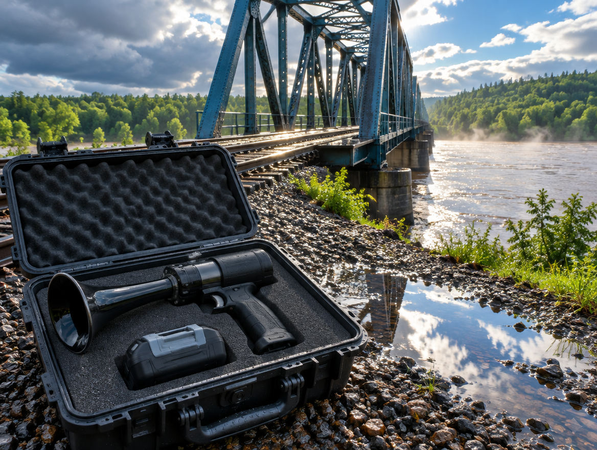 Open travel case holding a battery train horn and its battery pack beside a rain-wet steel trestle railway bridge.