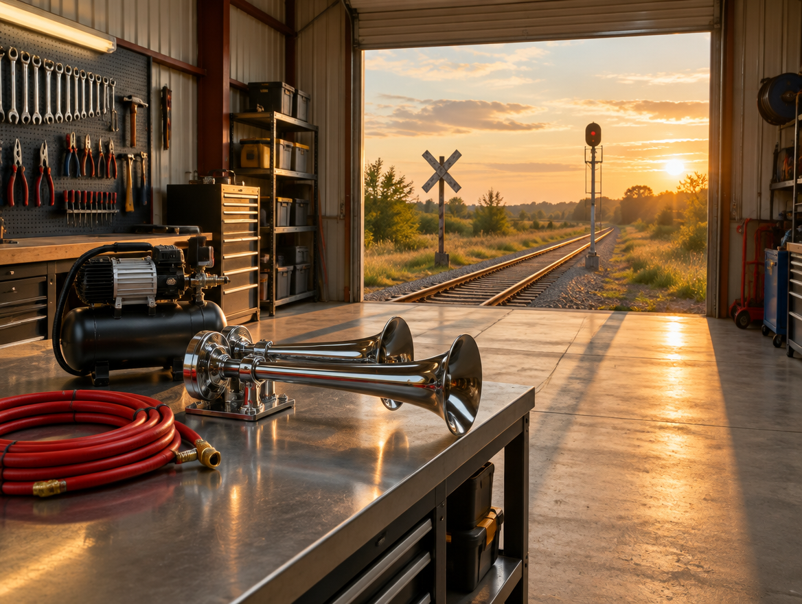 A chrome air horn on a clean workbench in a railway workshop, its open roller door facing tracks and a crossbuck.