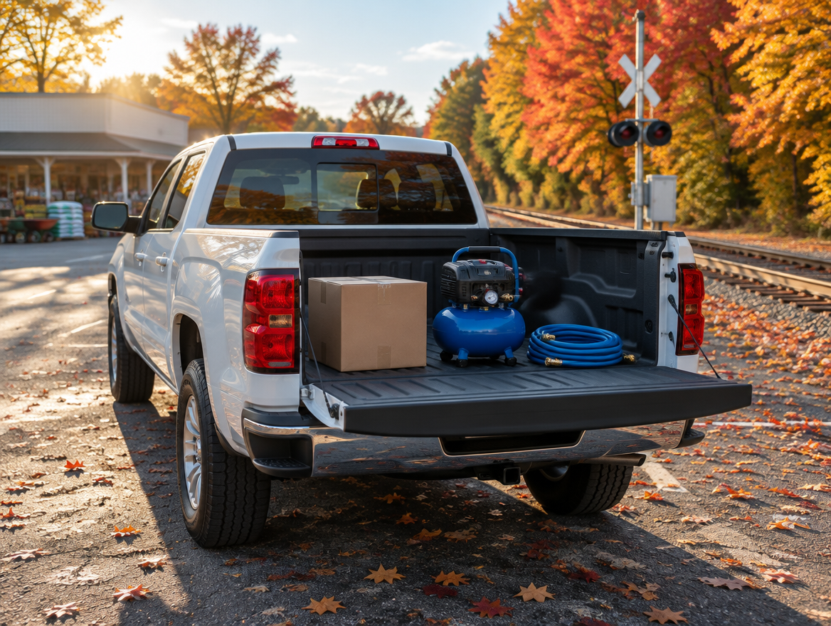 A pickup truck with an air compressor in its bed is parked by a rail crossing under golden and red autumn trees.