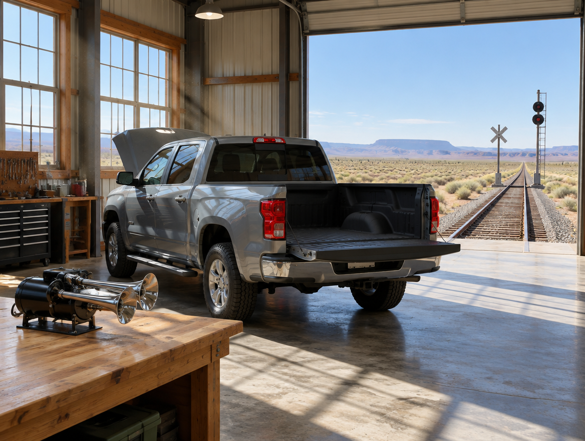 Pickup truck in a sunlit trackside workshop, a desert rail line and open scrub visible through the open door