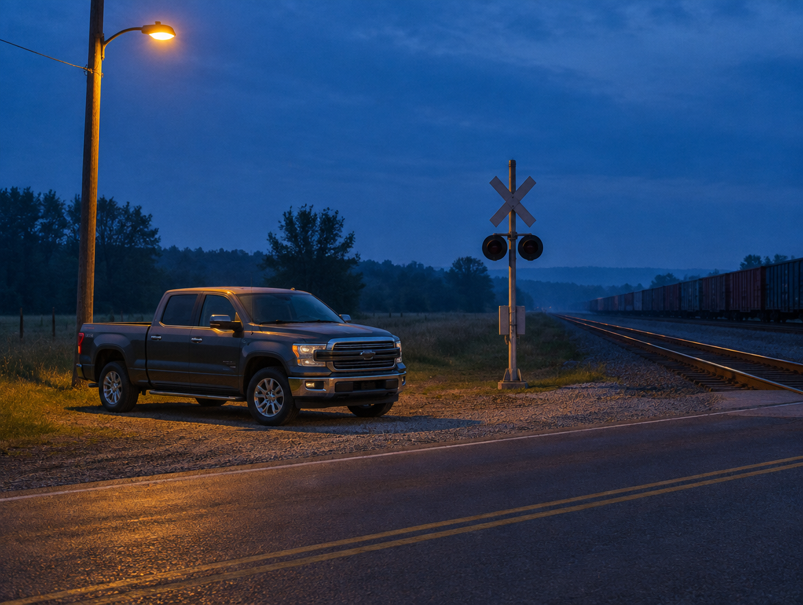A clean pickup truck parked near a rural railroad crossing at dusk under a warm lamp, with rails leading into blue haze.
