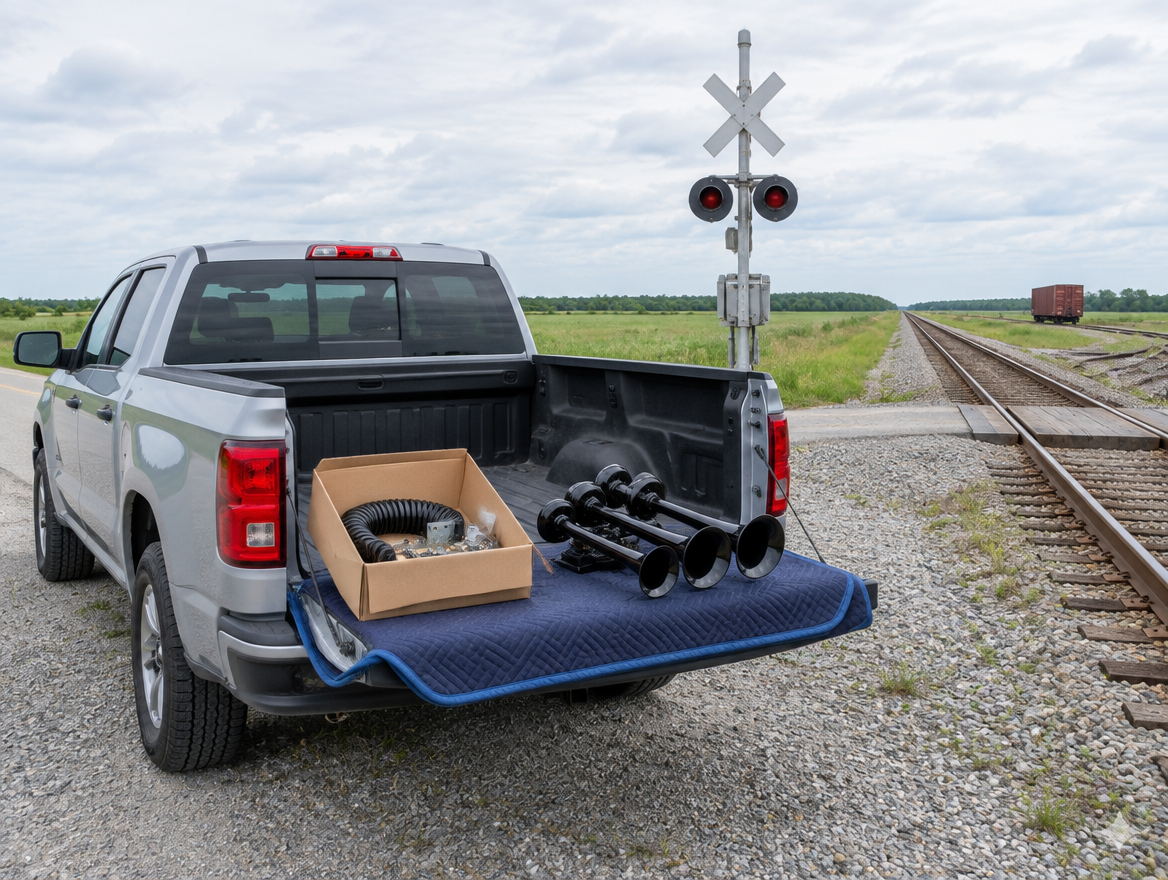 Pickup truck at a rural rail crossing with a four-trumpet air horn set on its lowered tailgate beside the tracks.