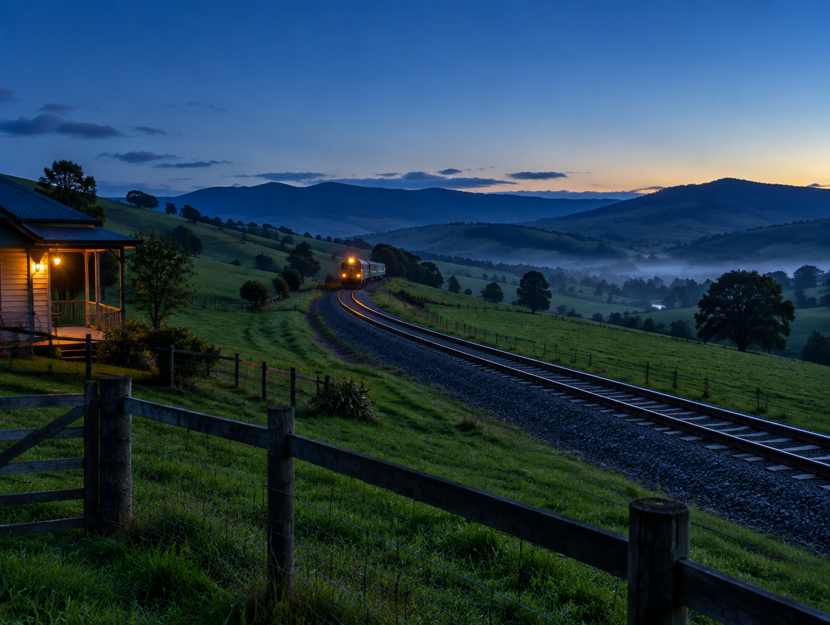 A locomotive with its headlight on rounds a curve of single-track railway through green hills at blue hour.