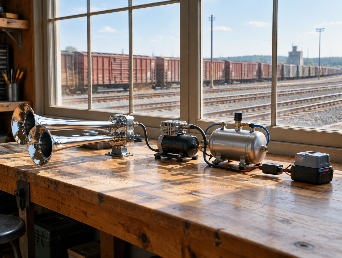 A chrome train horn, compressor and cordless battery on a sunlit workshop bench, with freight yard tracks and boxcars outside