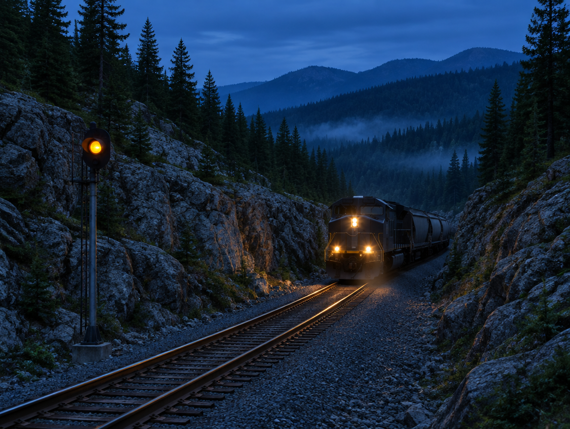 A diesel locomotive with its headlights on rounds a curve through a rocky, pine-lined mountain cutting at dusk.