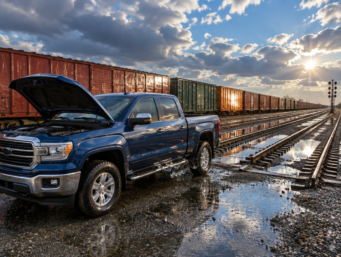 A pickup truck with chrome train horns parked beside wet freight yard tracks and boxcars as the sun breaks through after rain.
