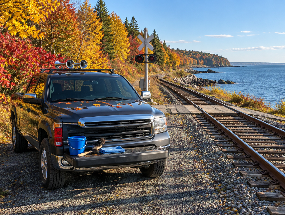 A pickup with chrome roof-mounted air horns parked beside an autumn coastal railway with cleaning supplies on the tailgate.
