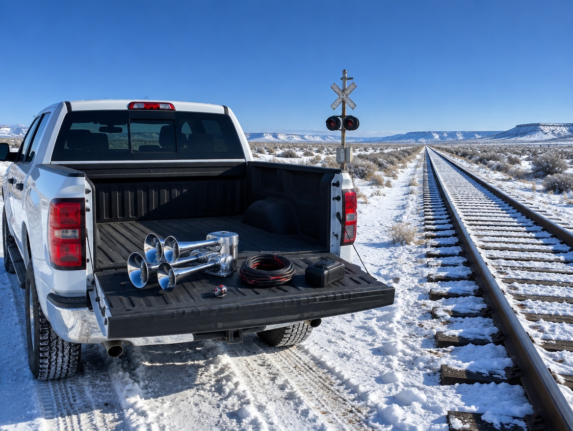 A pickup with its tailgate down holds a train horn kit beside a snowy desert railway under a deep blue winter sky.