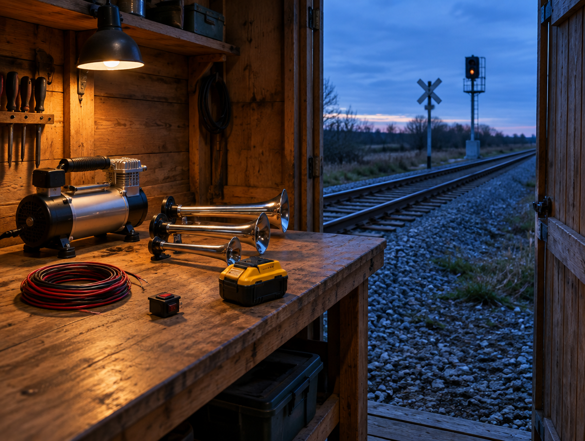 Parts for a battery train horn on a lamp-lit workbench in a trackside shed, with rails and a crossbuck outside at dusk.
