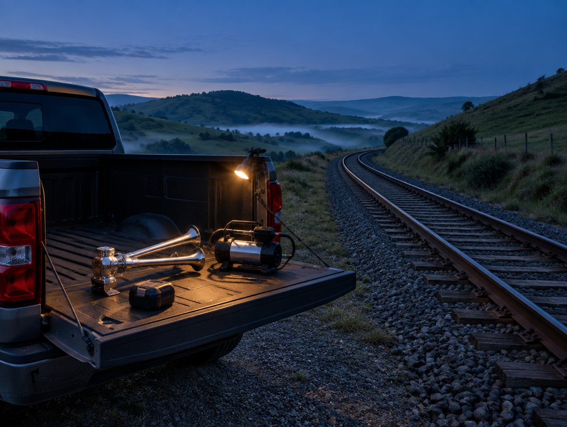 DIY train horn setup on a pickup tailgate lit by a lamp beside a single-track line curving through green hills at dusk.
