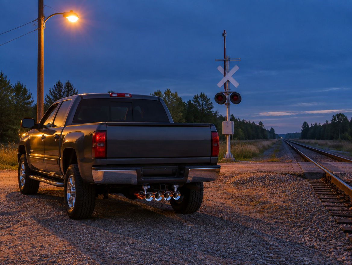 Pickup truck with chrome train-horn trumpets parked by a rural railroad crossing at blue hour under a warm lamp.