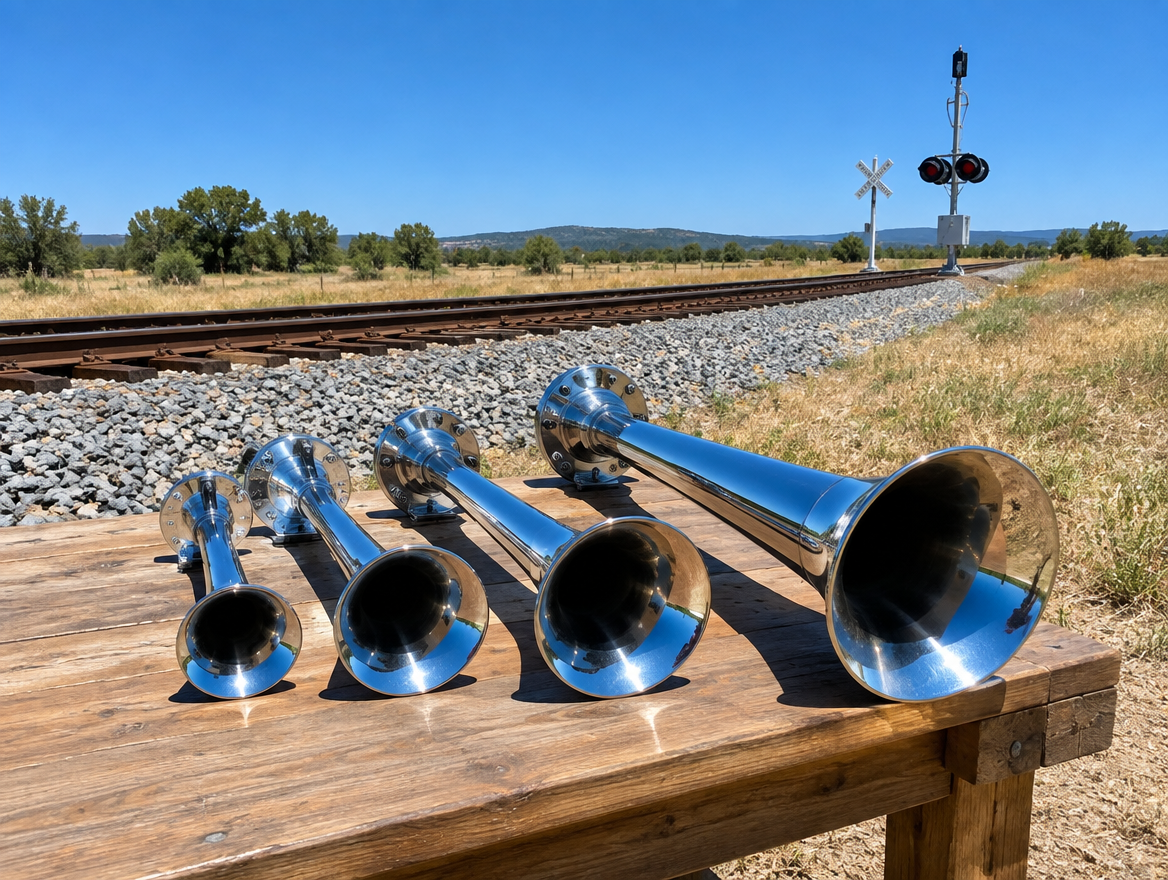 Four chrome train horn trumpets of increasing length on a workbench beside a rail line under a blue sky.