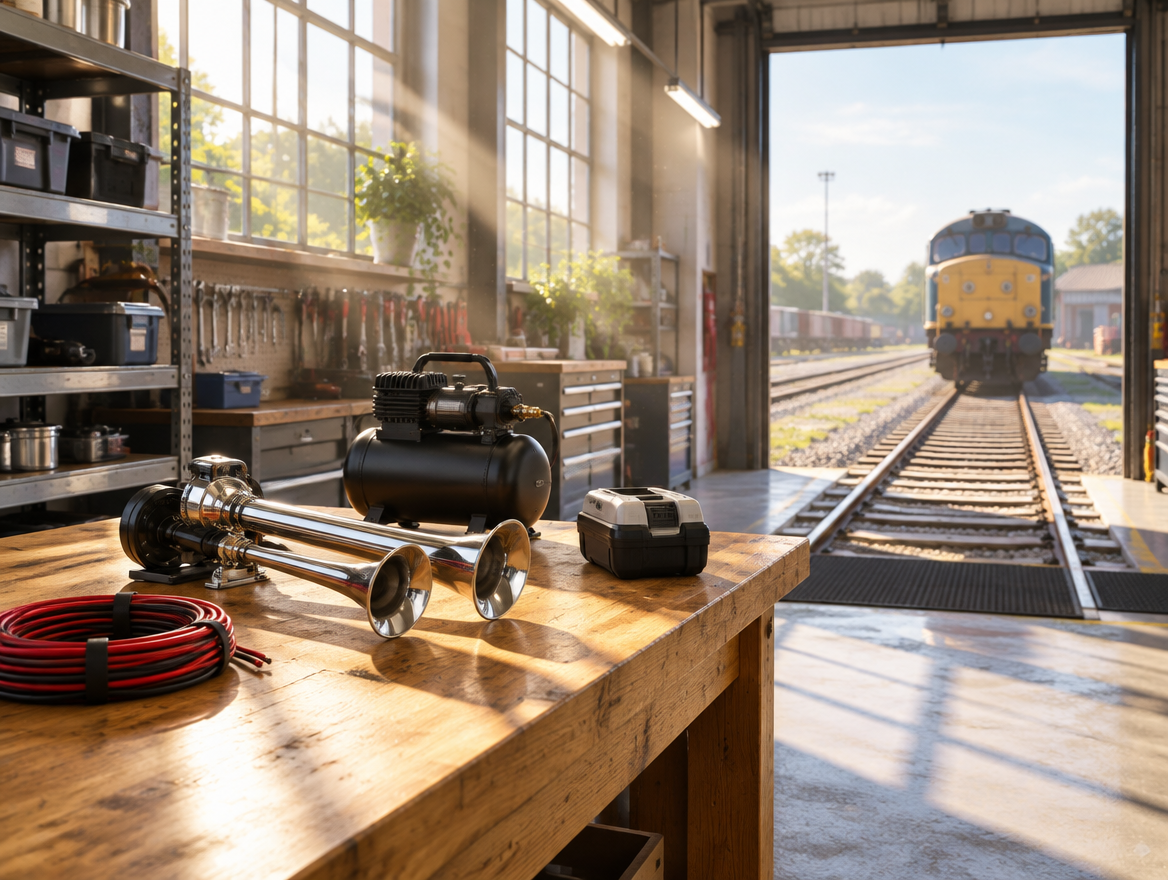 Sunlit rail workshop bench with a chrome train horn, compressor and cordless battery, track leading out the shed door.