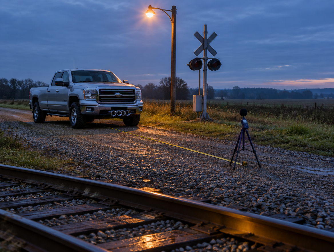 A pickup truck with a chrome air horn at a rail crossing at dusk, with a sound meter on a tripod down the road.