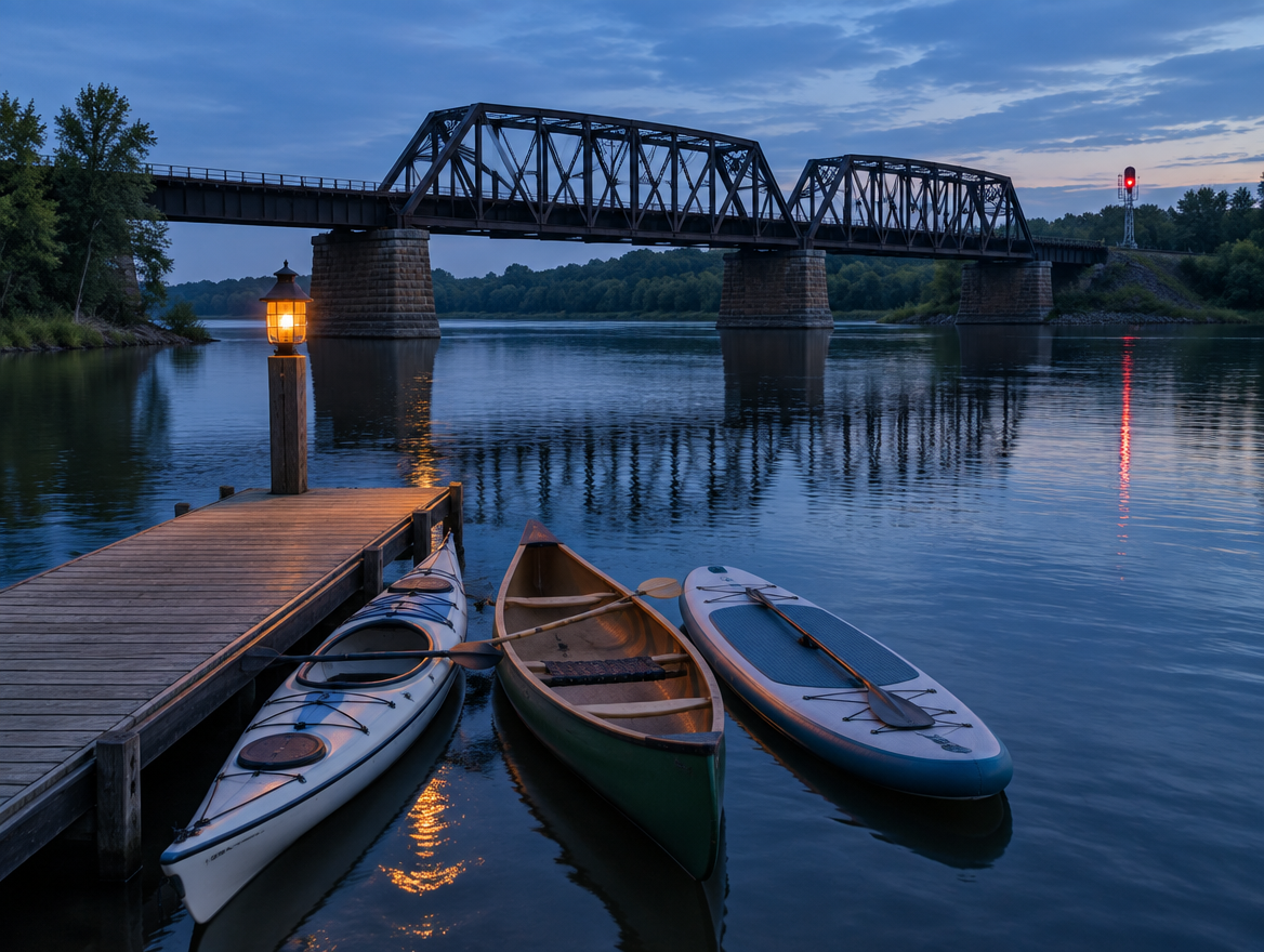 Kayak, canoe and paddleboard at a lamp-lit river dock at dusk with a steel railway bridge behind them.