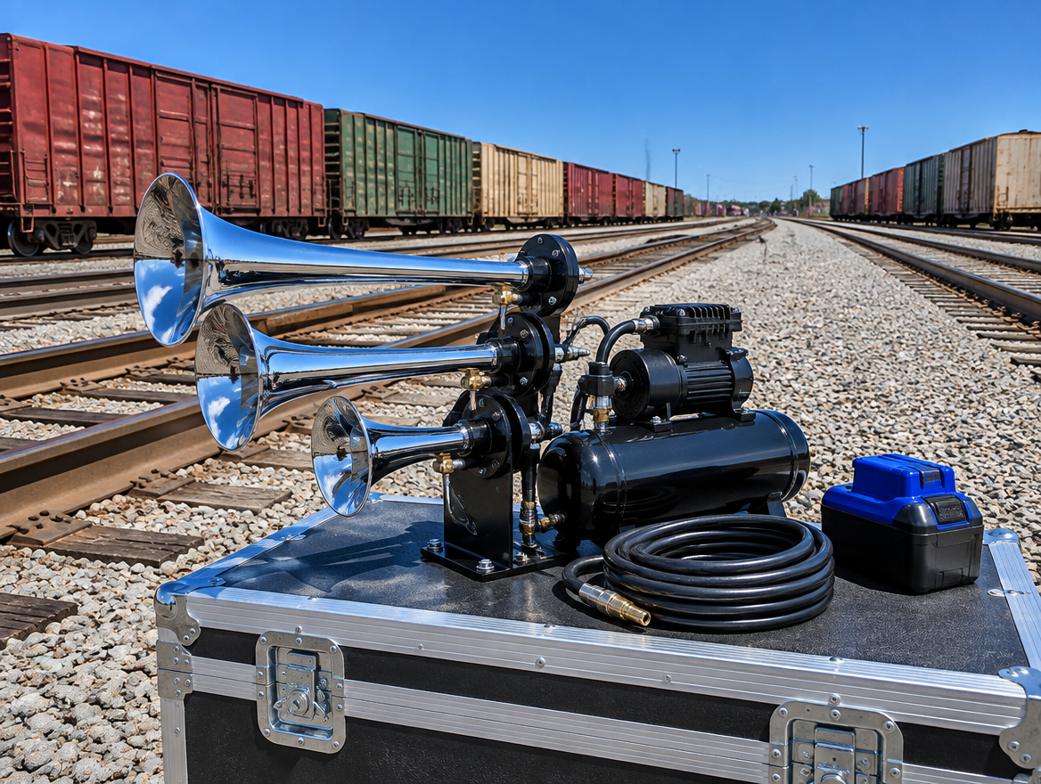 Portable chrome train horn kit and a blue cordless battery on a steel case beside parallel freight yard tracks and boxcars